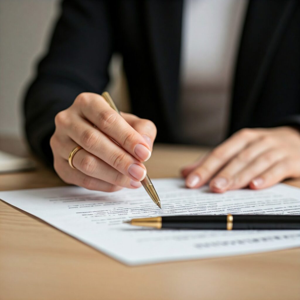 A close-up of a lawyer's hands reviewing legal documents on a desk. A pen rests beside the documents, and a s 2