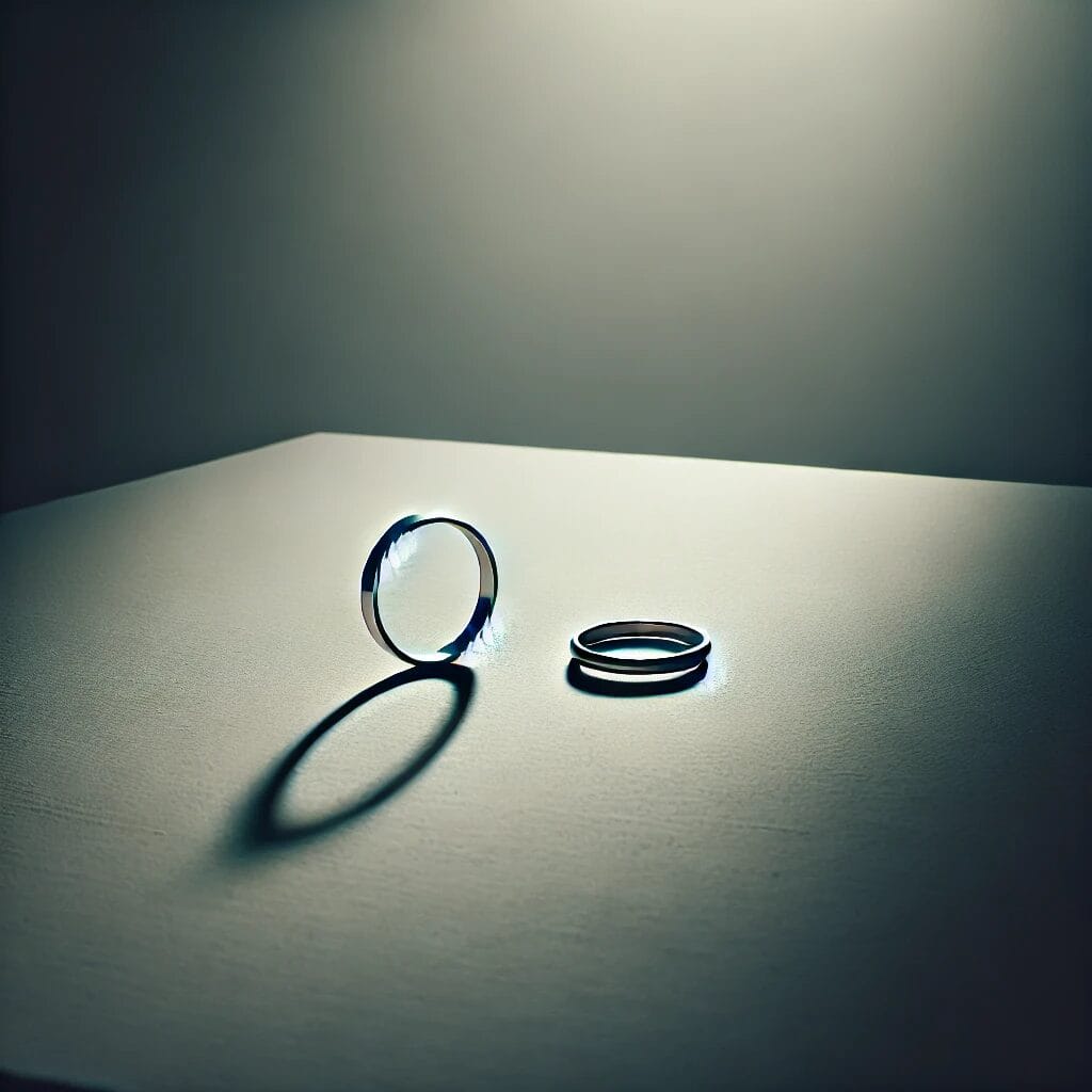 A minimalistic and emotional scene featuring a single wedding ring placed on an empty table. The lighting is soft and moody, with a shadow cast over t