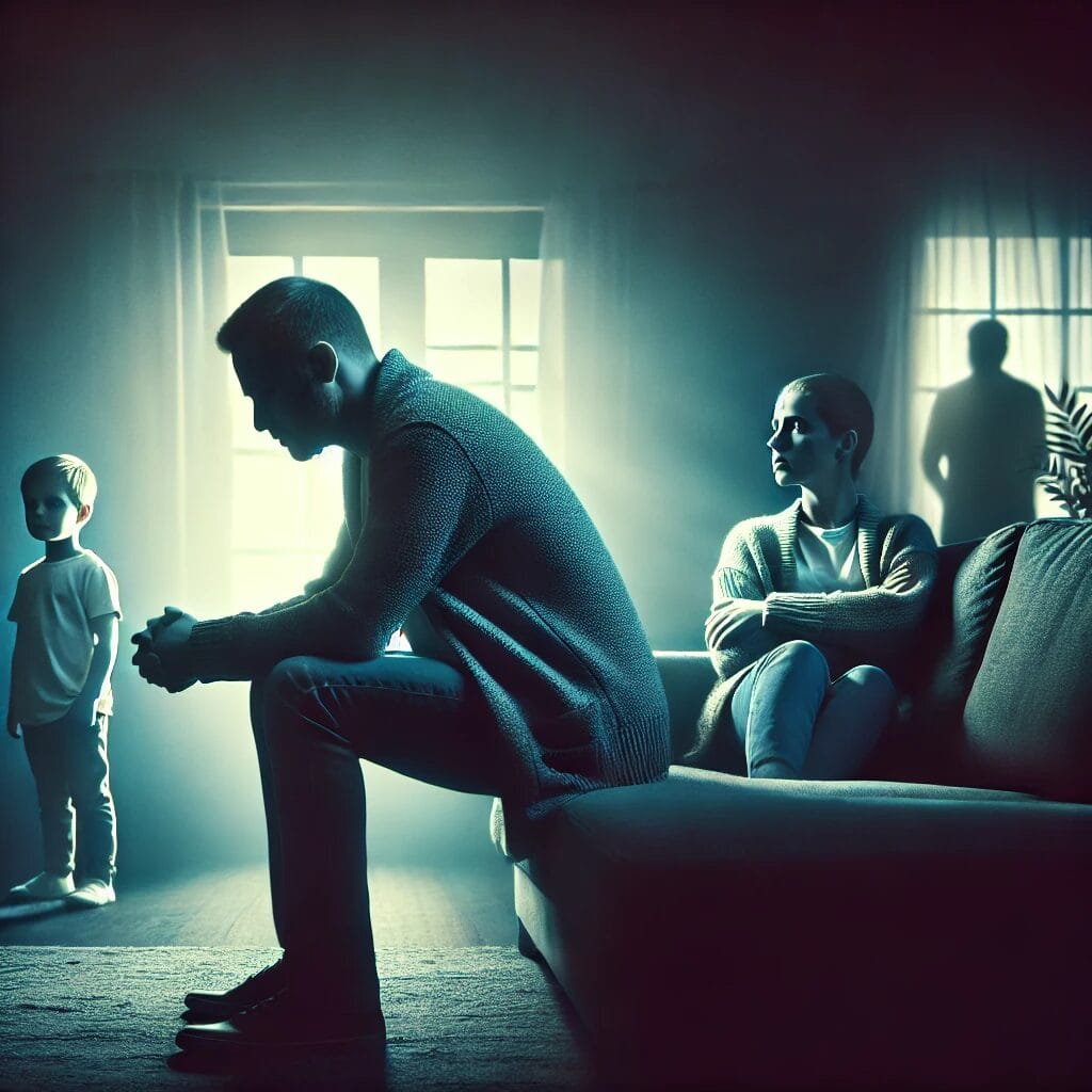 violence in family law A powerful and emotional image depicting a couple in a tense moment, sitting apart on a couch with visible distress. The room is dimly lit, with a col