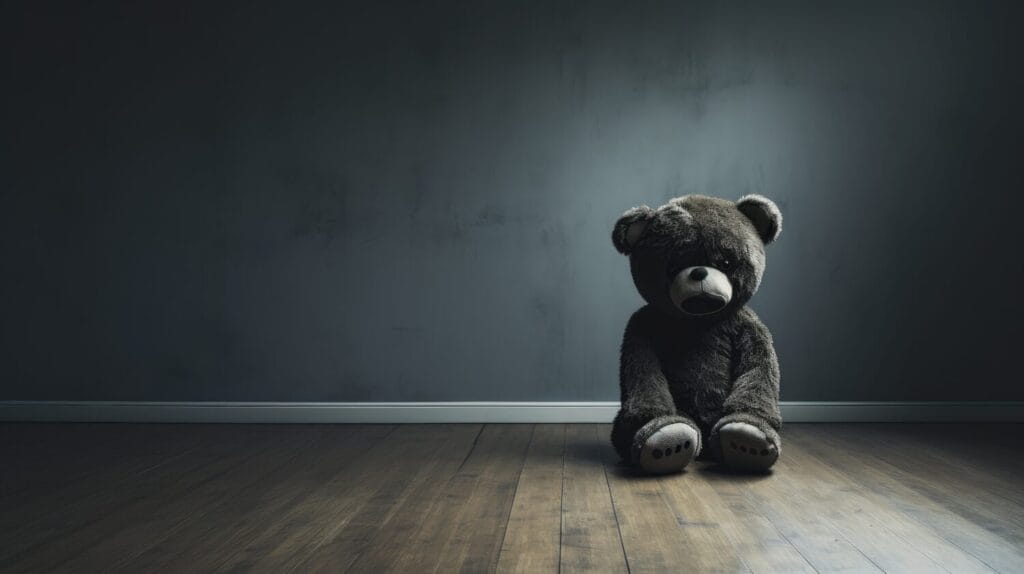 Silent Witness: A poignant concept of child abuse depicted through a teddy bear covering its eyes in an empty room.