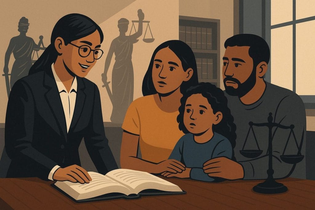 A symbolic image of a legal professional helping a diverse family navigate justice, reflecting inclusion, accessibility, and modern legal support in Ontario.
