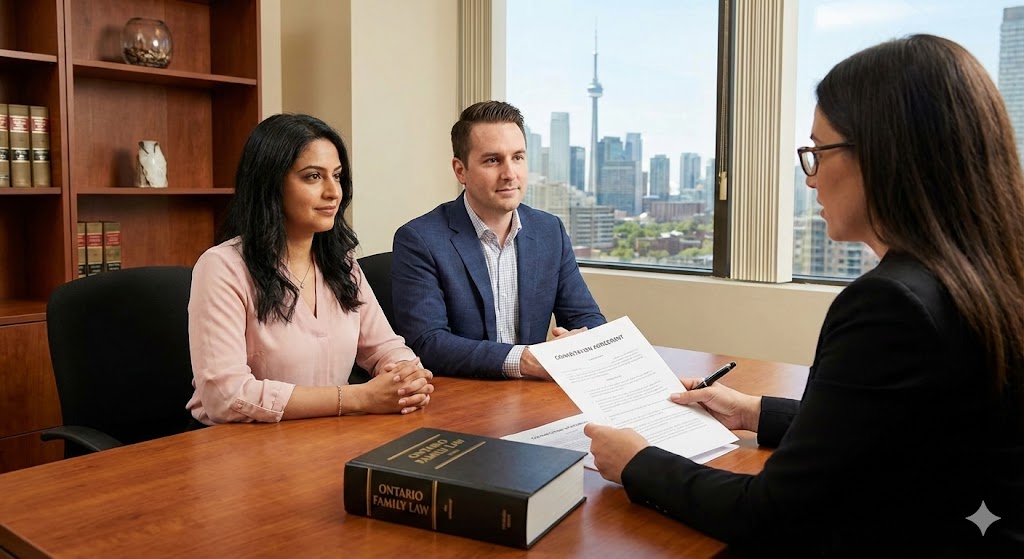 Cohabiting couple discussing legal and financial planning under Ontario family law