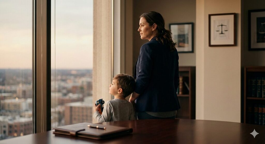 Mother and son standing looking out window.