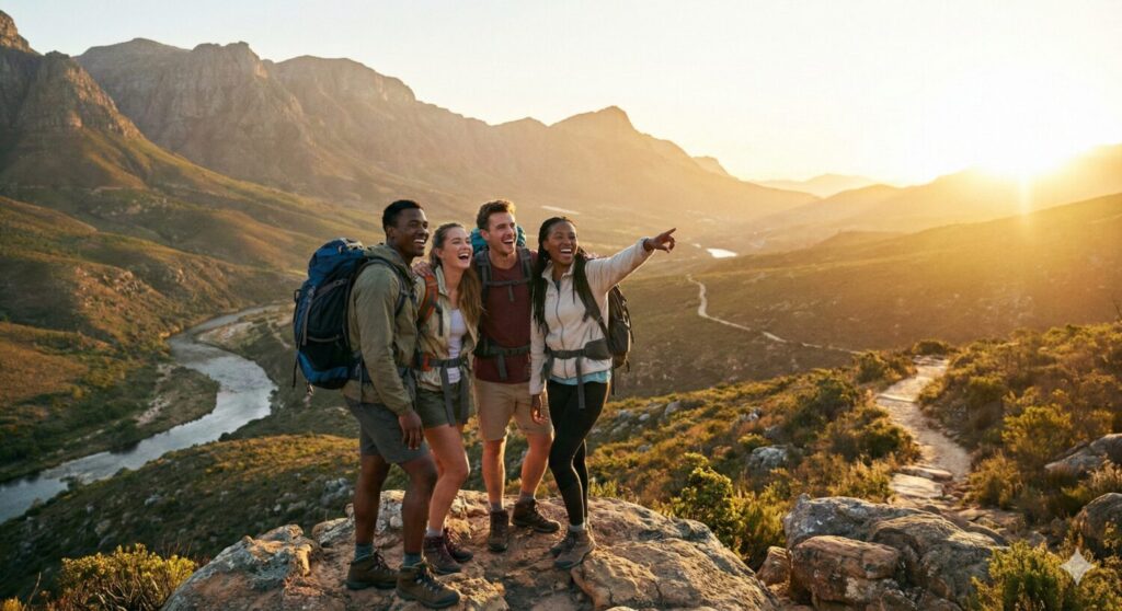 Four young adult hikers, two men and two women of diverse ethnicities, stand on a rocky cliff edge at sunset, looking out over a mountainous landscape with a river. One woman points towards the sunlit horizon. They are all smiling and wearing backpacks.