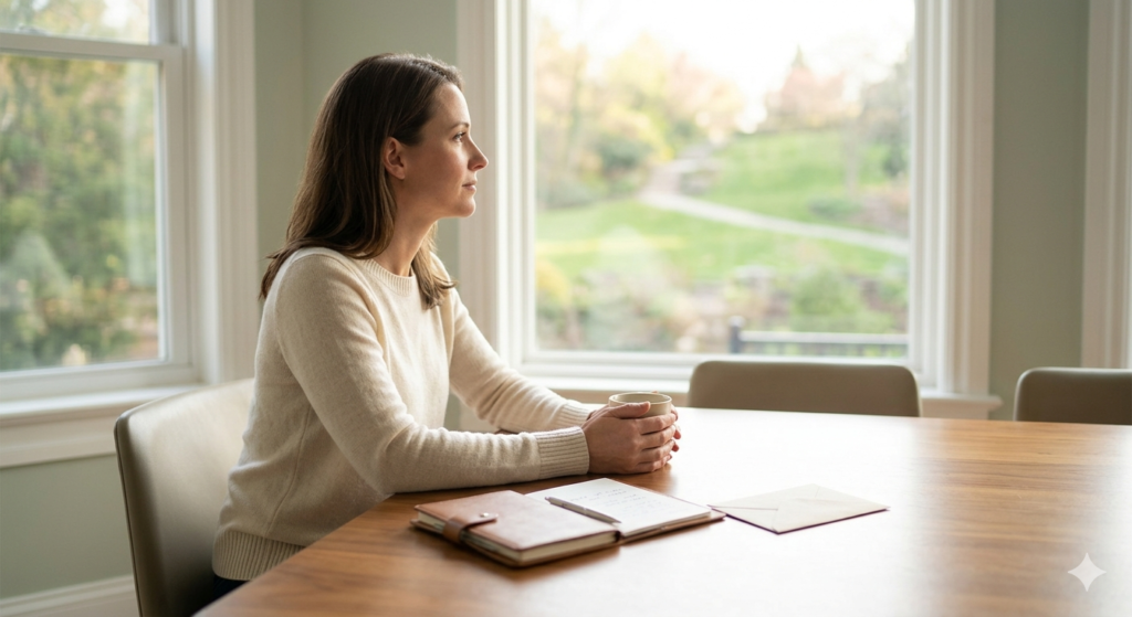 Woman sitting at table.