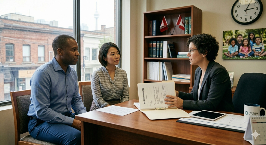 Couple sitting in office with lawyer.