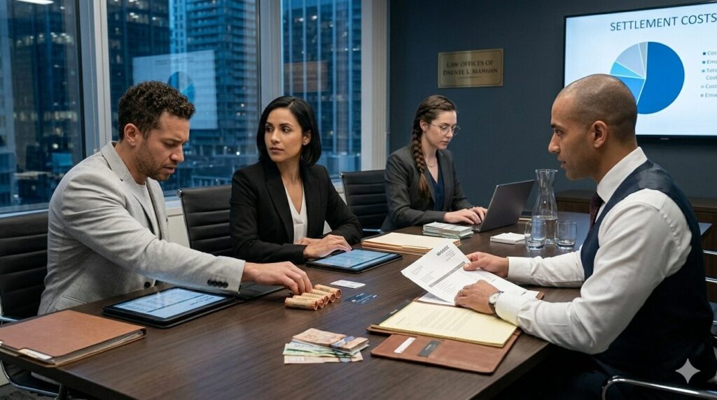 People in law firm discussing finances.