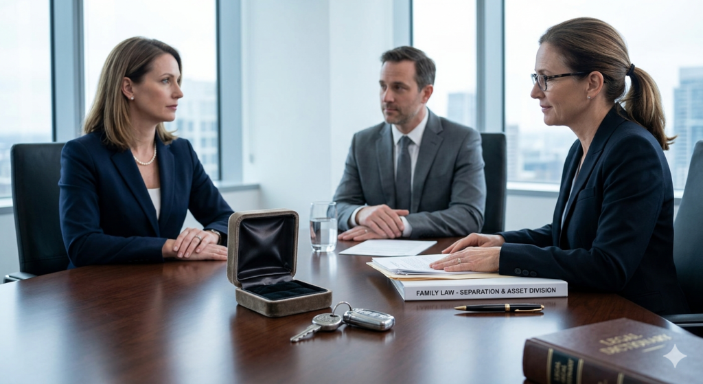Couple sitting in law office in front of gift.