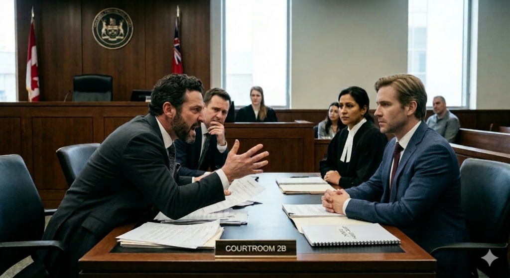 Couple in court. One side upset, one side calm.