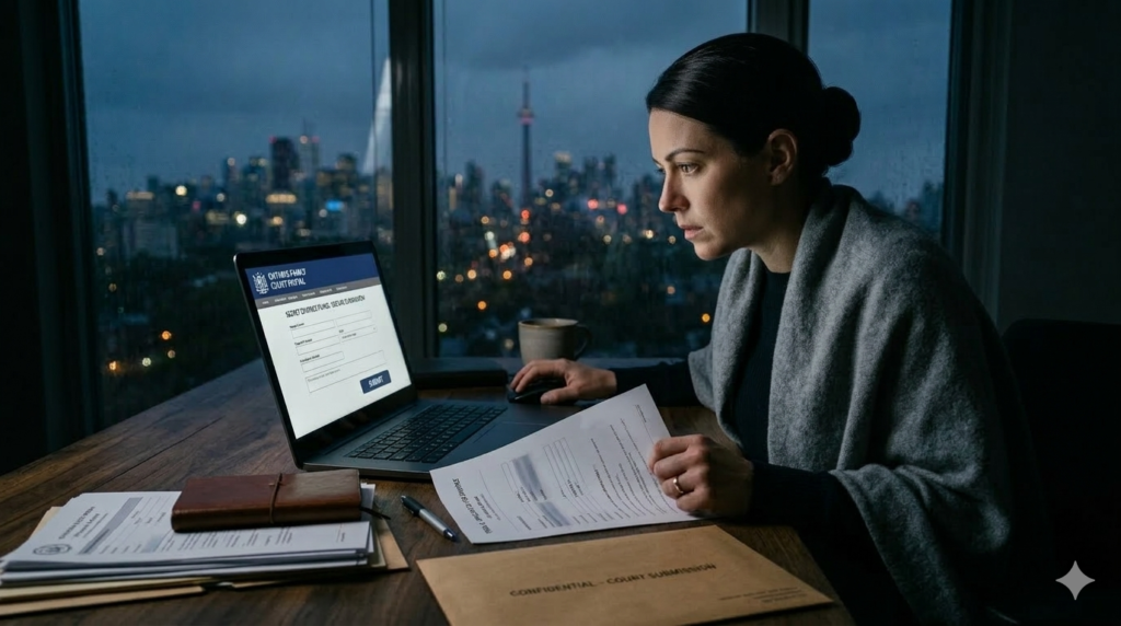 Woman filing divorce online at home.