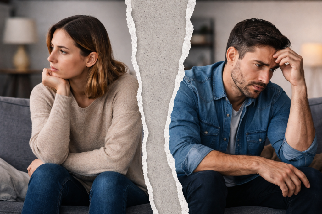 Couple sitting apart on a couch symbolizing relationship breakdown and divorce.