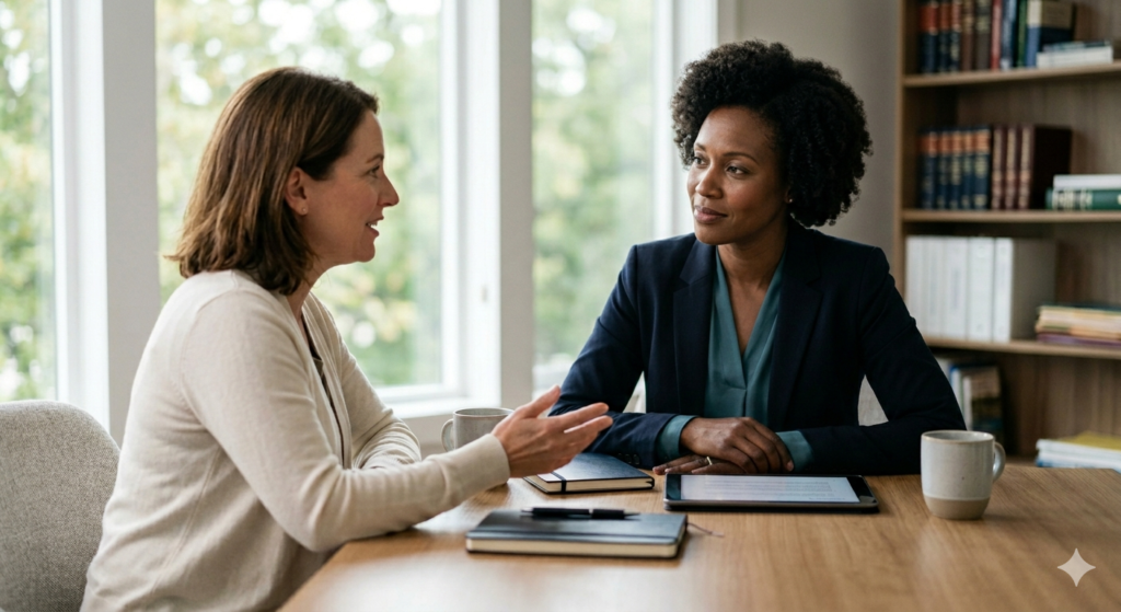 Woman talking to lawyer.