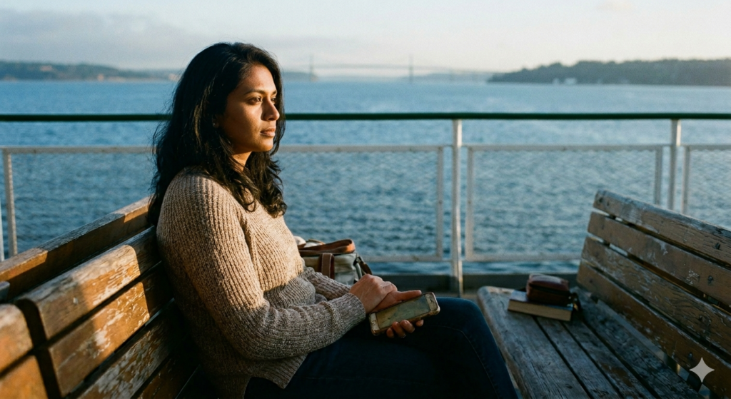 Woman sitting alone on bench.
