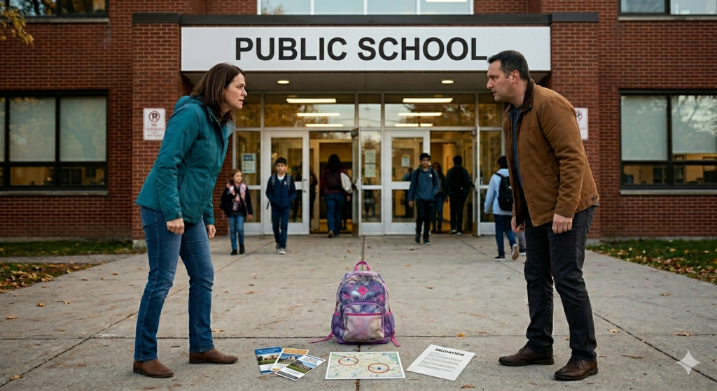 Parents arguing in front of elementary school.