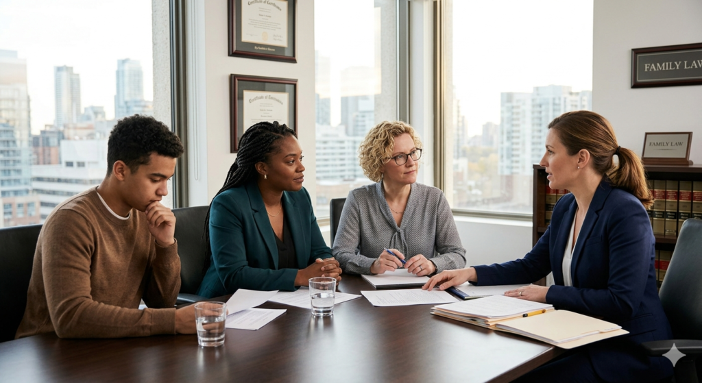 Family sitting in law firm with lawyer.