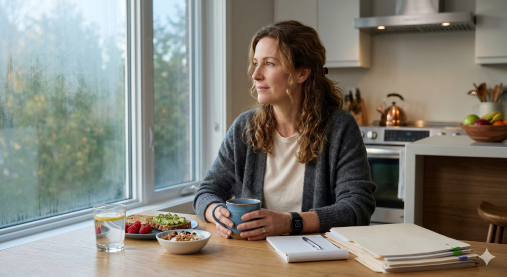 Person managing divorce stress with legal documents, tea and healthy food on a kitchen table.