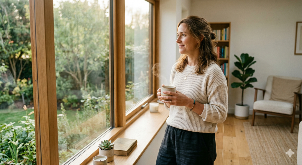 Person in their 40s reflecting on life and love after divorce in a calm home setting.png