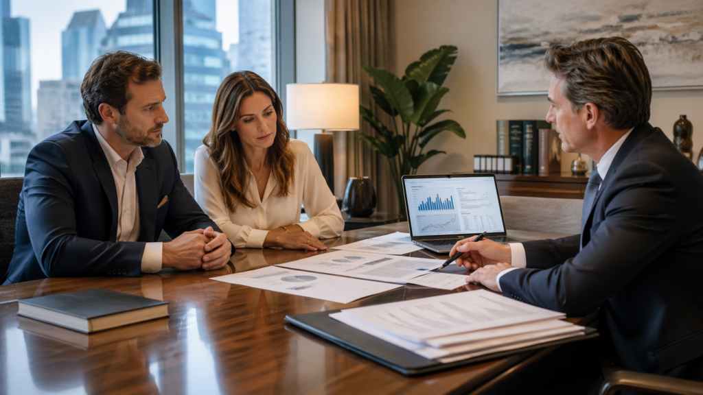 Business owner divorce consultation in Ontario with financial documents and legal strategy discussion