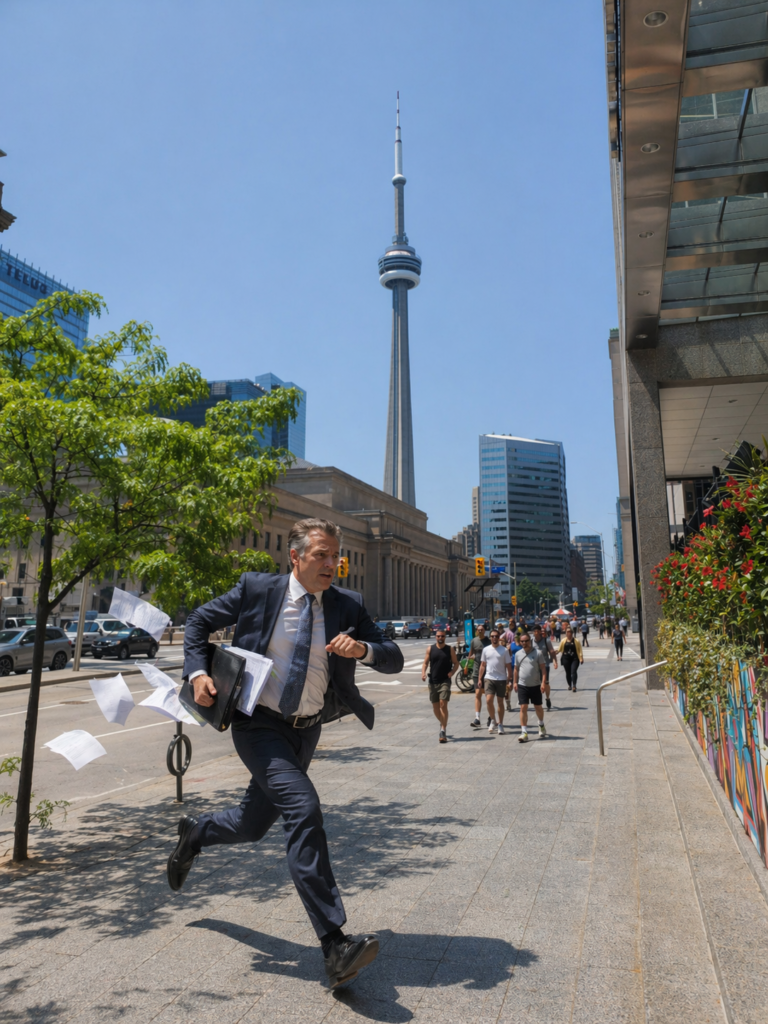 Business executive rushing through downtown Toronto with papers falling, representing hasty divorce decisions in high net worth cases