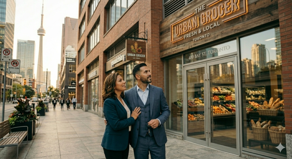 Couple looking up at new business storefront.