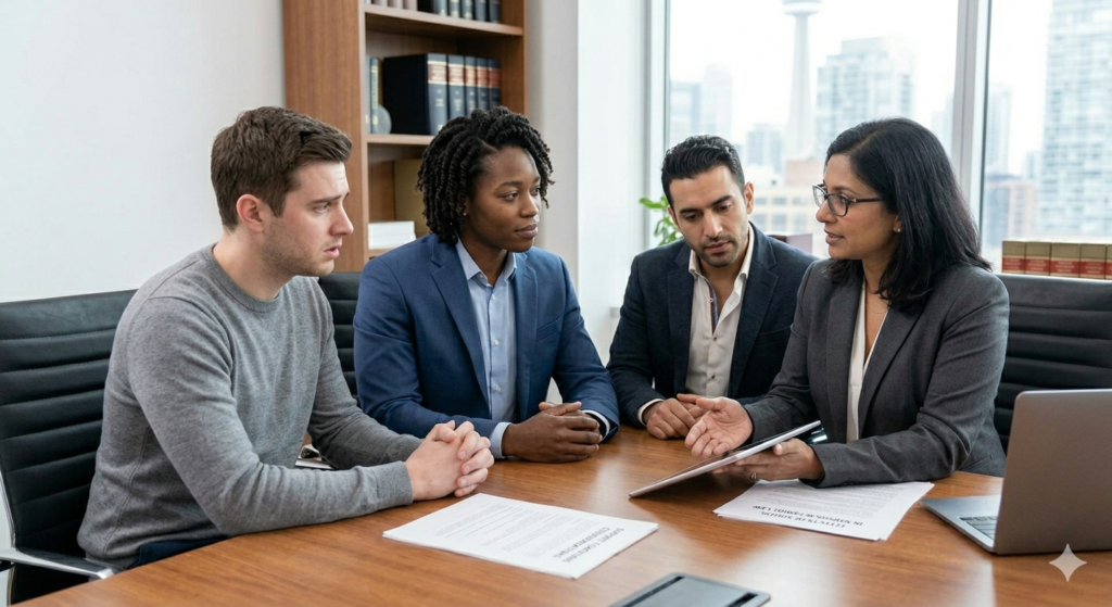 Couple sitting around table with lawyer and former partner.