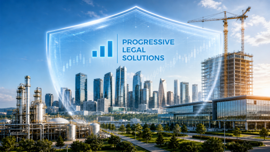 Progressive Legal Solutions logo inside a protective shield over a financial district, construction site, and industrial business assets