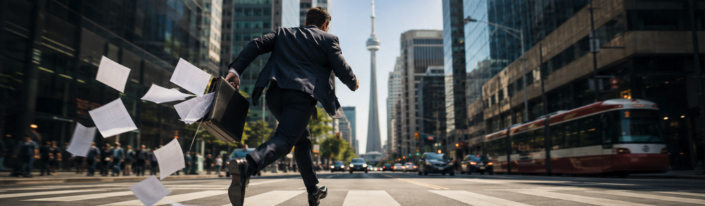 Business executive rushing through downtown Toronto with papers falling, representing hasty decisions in high net worth divorce