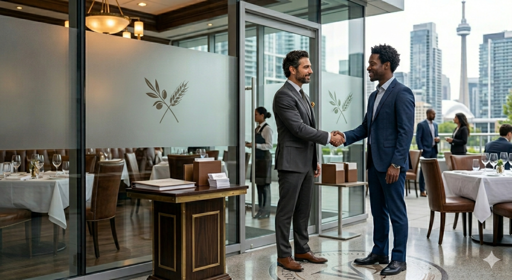 Couple shaking hands in front of restaurant.