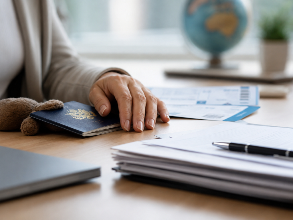Parent’s hand near passport, travel documents, and legal papers for an Ontario family law article about international child abduction