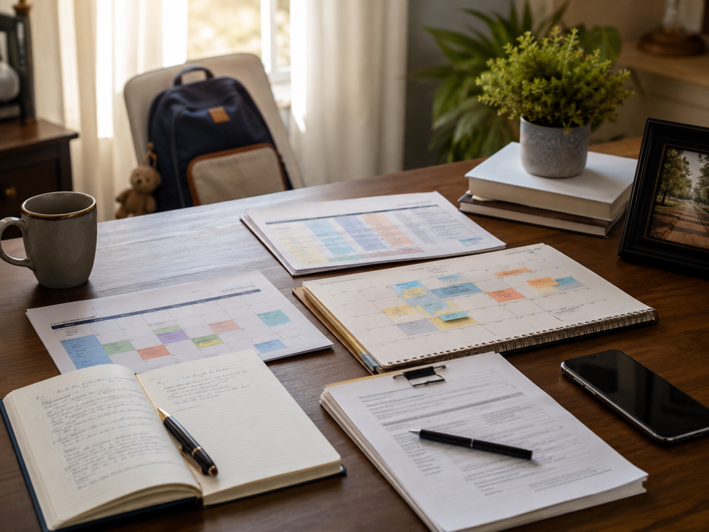 Organized parenting schedule and family law documents for a father’s rights case in Ontario.
