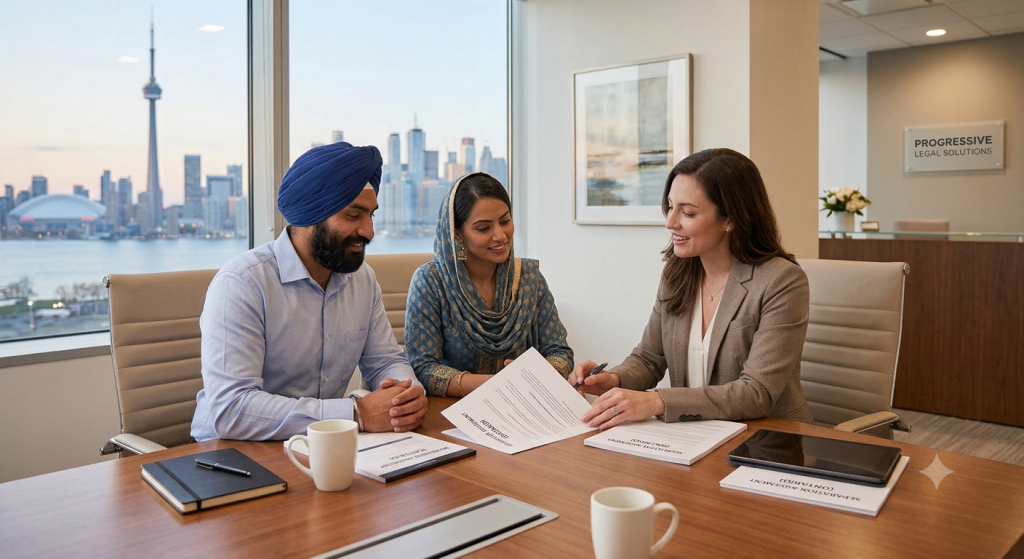 Couple sitting at table with lawyer.
