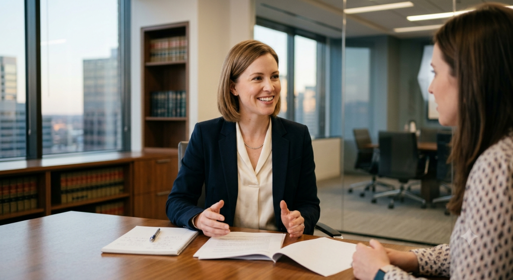 Lawyer and client speaking in law firm.