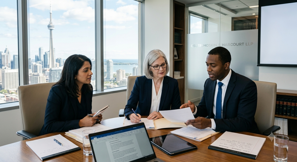 Couple speaking to lawyer in law firm.