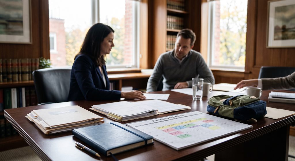 Parents discussing a high-conflict parenting dispute during a family law consultation