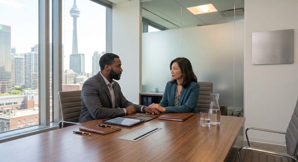 Couple sitting in law office.