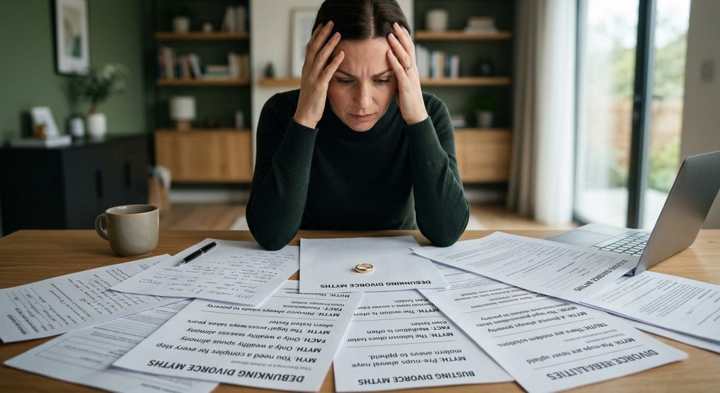 Person sitting at table looking at papers.