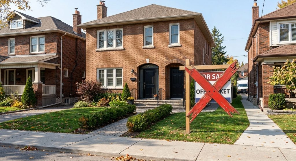 House for a sale. Red X through sale sign.