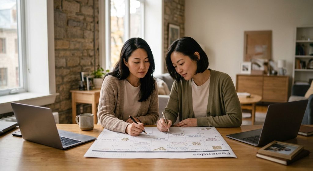 Couple sitting in front of calendar.