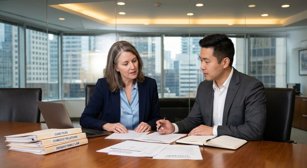 Client talking to lawyer in law office.