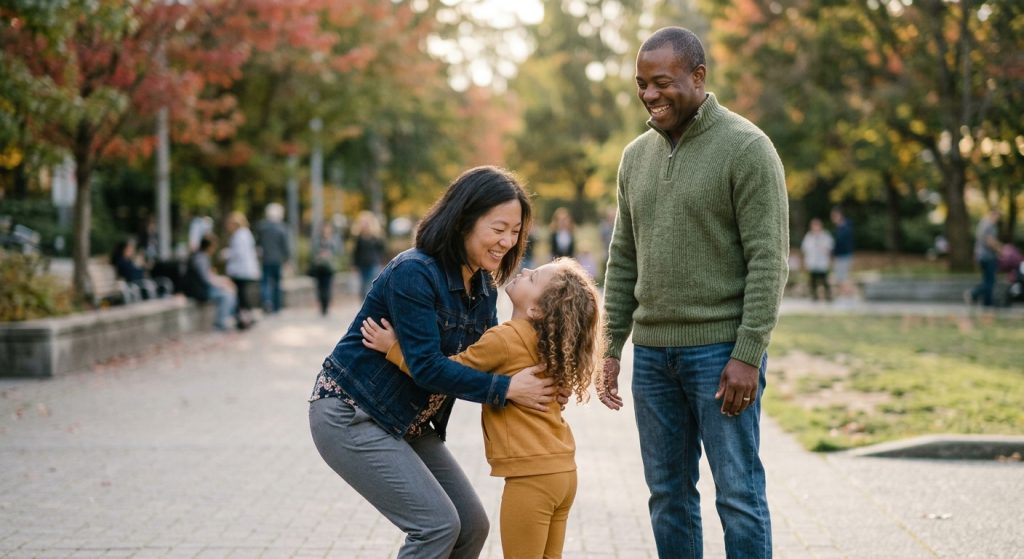Stepparent bending to hug child while other parent stands by smilling.