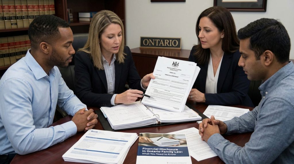 Four people sit around a desk covered in legal documents in a wood-paneled office. A woman with blonde hair, wearing a black blazer, points with a pen at a paper held by another woman with dark hair. Two men, one in a light blue shirt and one in a grey shirt, sit on either side of the table, looking at the documents. A sign on the back wall reads "ONTARIO".