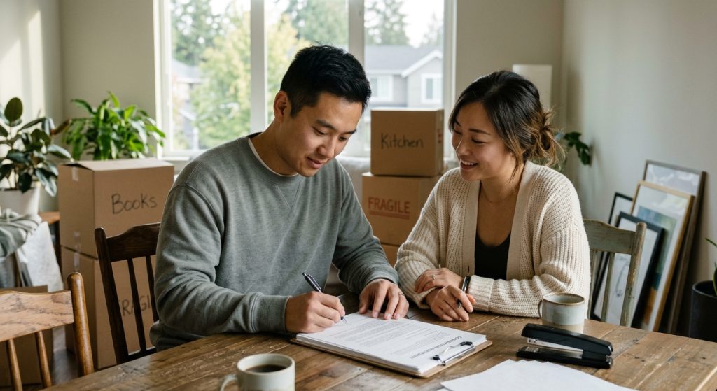 A man signs a document on a clipboard at a wooden dining table while a woman smiles beside him, surrounded by moving boxes in a bright room.
