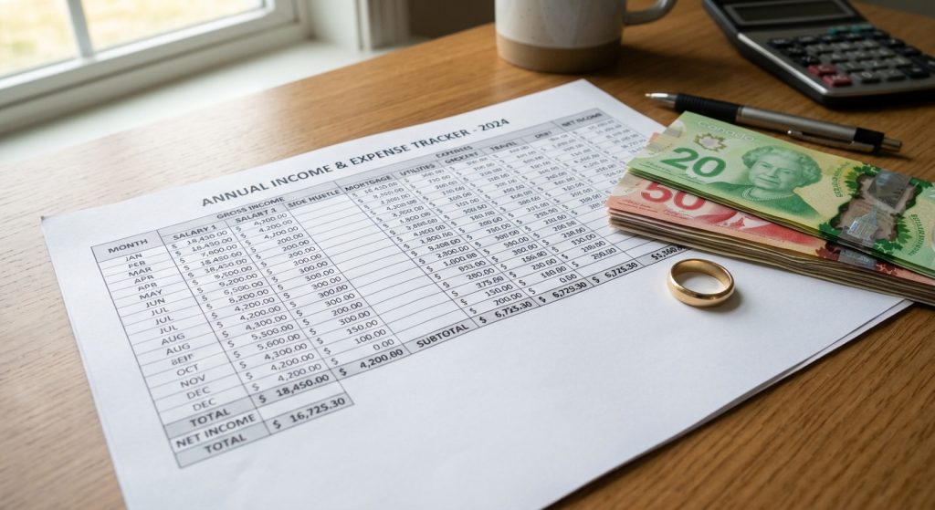 A close-up view from above of a desk covered with a typed financial tracking spreadsheet, a stacked pile of Canadian $20 bills, and a gold wedding band. In the background, a pen and calculator are visible.