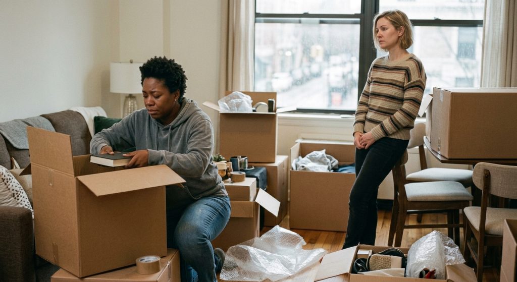 Two people in a living room full of plain cardboard boxes. One person kneels while packing a box, and the other person stands leaning against a chair watching