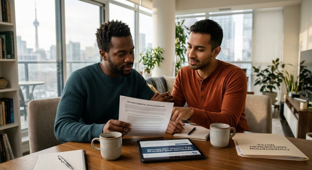 A couple sitting together at a wooden table in a high-rise apartment, looking over legal paperwork and a tablet.